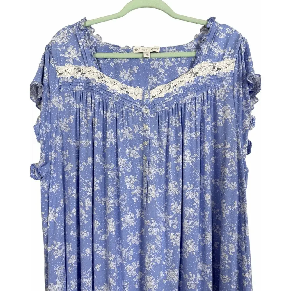 Eileen West Floral Waltz Nightgown Blue White 2X Pajama Sleep Dress Modal Blend